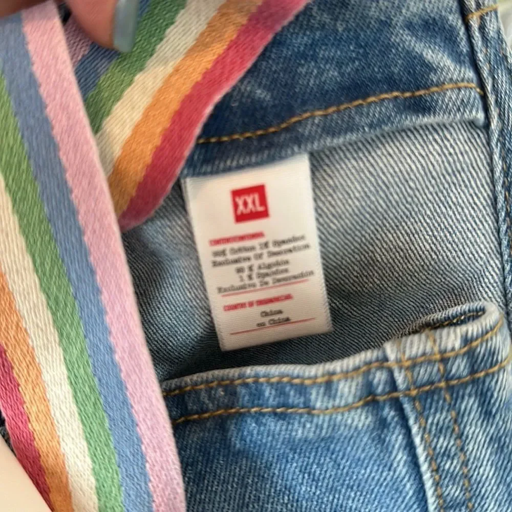 Denim Overall Shorts with Rainbow Straps and Patch